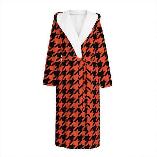 Orange And Black Houndstooth Print Hooded Bathrobe