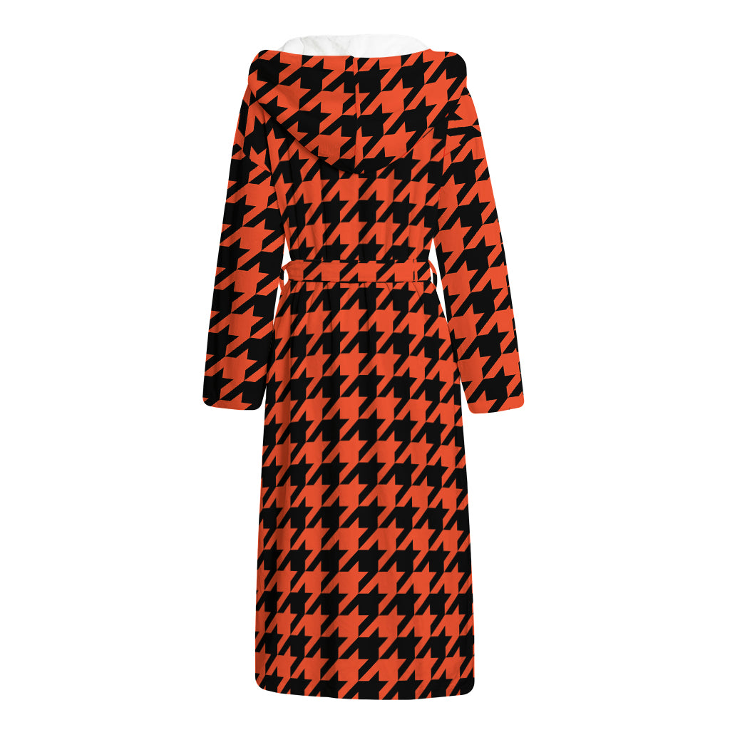 Orange And Black Houndstooth Print Hooded Bathrobe