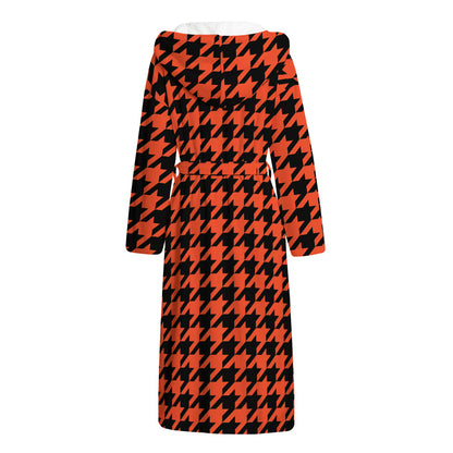 Orange And Black Houndstooth Print Hooded Bathrobe