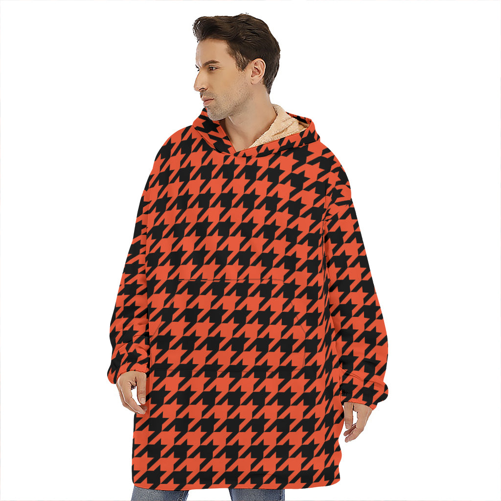 Orange And Black Houndstooth Print Hoodie Blanket