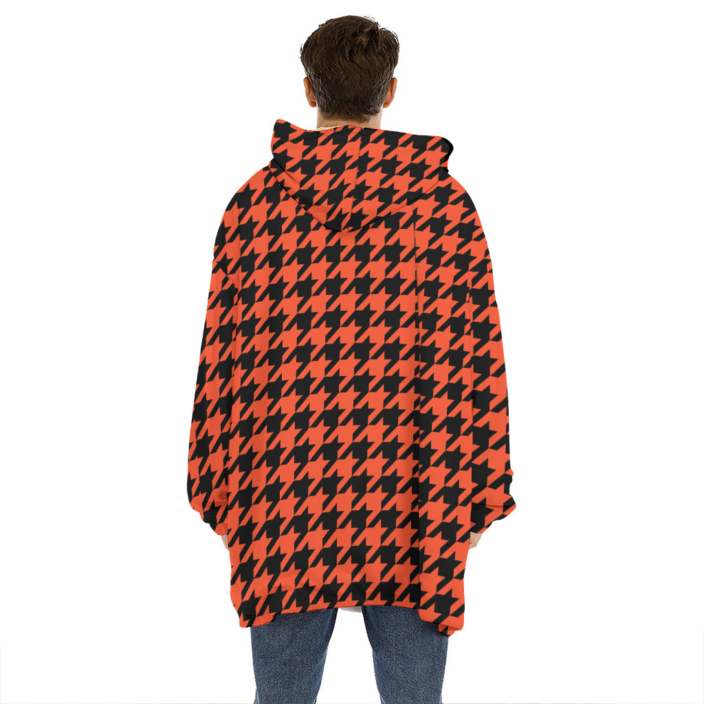 Orange And Black Houndstooth Print Hoodie Blanket