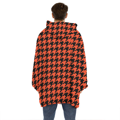 Orange And Black Houndstooth Print Hoodie Blanket