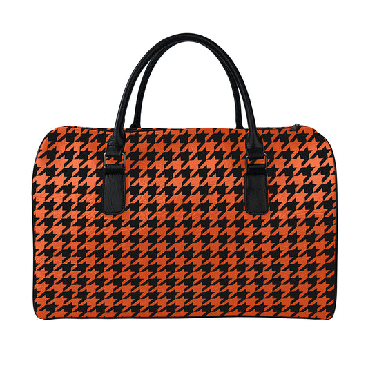 Orange And Black Houndstooth Print Leather Duffle Bag