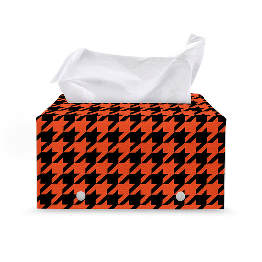Orange And Black Houndstooth Print Leather Tissue Box Cover