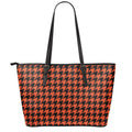 Orange And Black Houndstooth Print Leather Tote Bag With Zipper