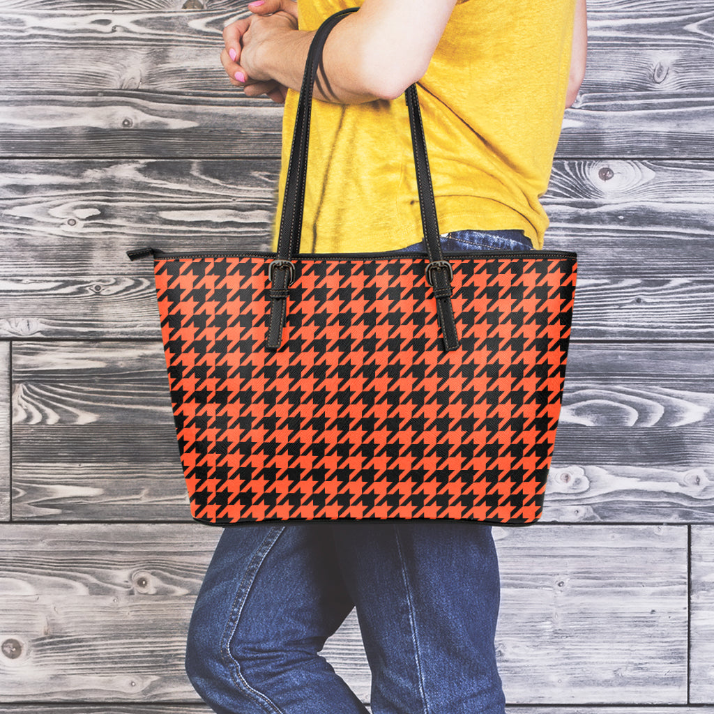 Orange And Black Houndstooth Print Leather Tote Bag