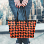 Orange And Black Houndstooth Print Leather Tote Bag
