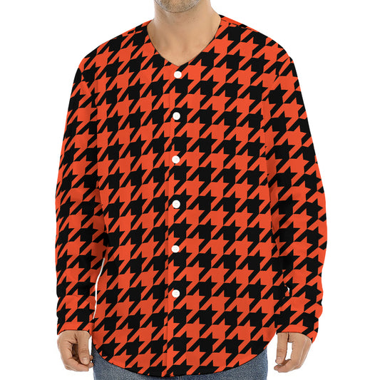 Orange And Black Houndstooth Print Long Sleeve Baseball Jersey