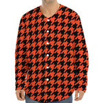 Orange And Black Houndstooth Print Long Sleeve Baseball Jersey