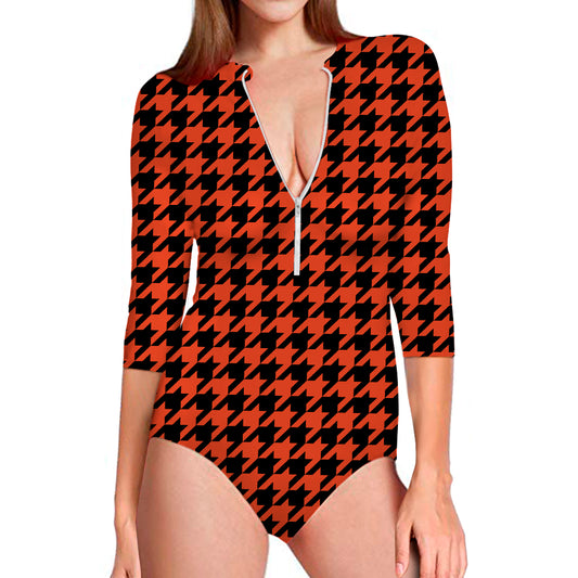 Orange And Black Houndstooth Print Long Sleeve Swimsuit