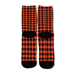 Orange And Black Houndstooth Print Long Socks