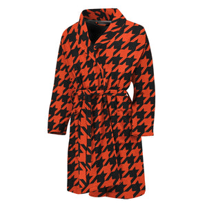 Orange And Black Houndstooth Print Men's Bathrobe