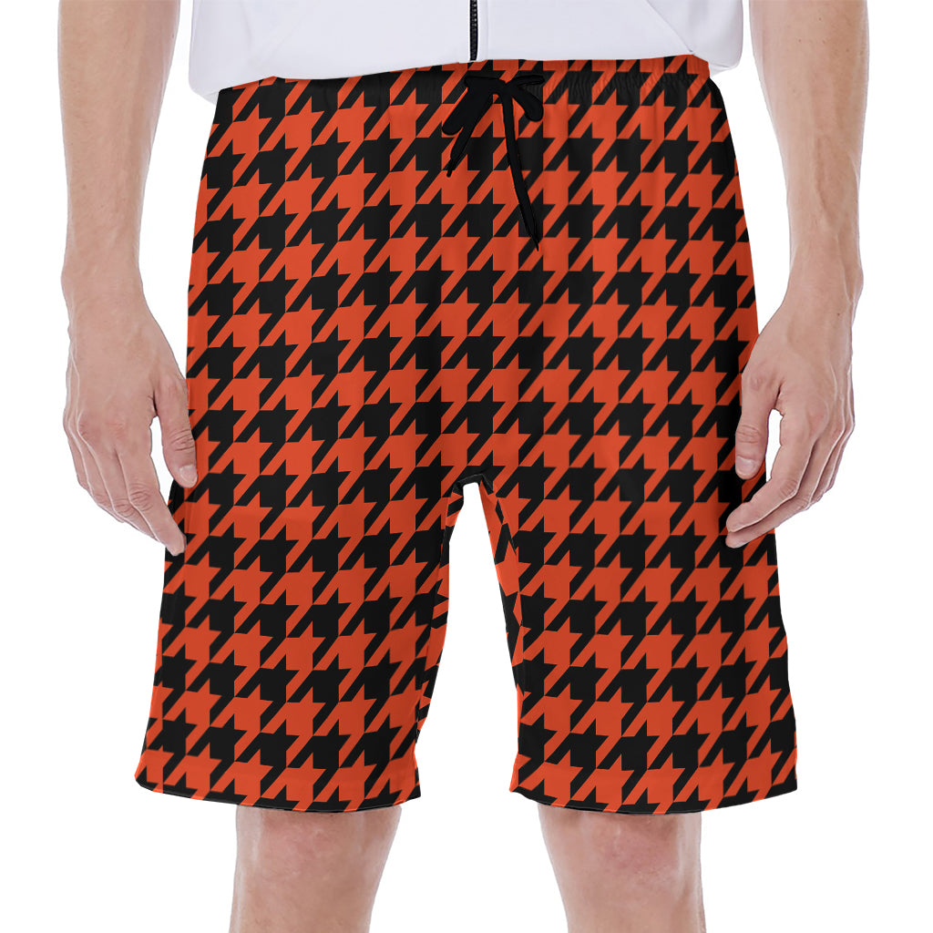 Orange And Black Houndstooth Print Men's Beach Shorts
