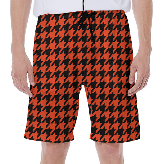 Orange And Black Houndstooth Print Men's Beach Shorts
