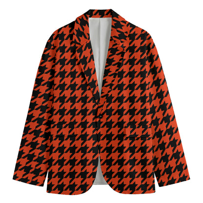 Orange And Black Houndstooth Print Men's Cotton Blazer