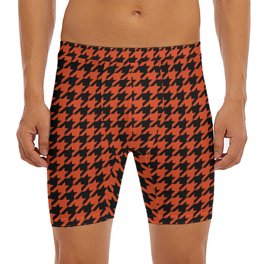 Orange And Black Houndstooth Print Men's Long Boxer Briefs
