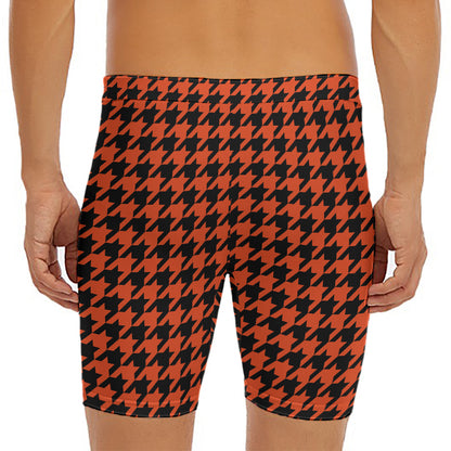 Orange And Black Houndstooth Print Men's Long Boxer Briefs
