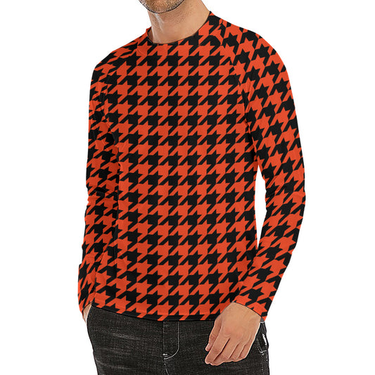 Orange And Black Houndstooth Print Men's Long Sleeve Rash Guard