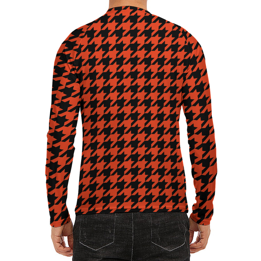 Orange And Black Houndstooth Print Men's Long Sleeve Rash Guard