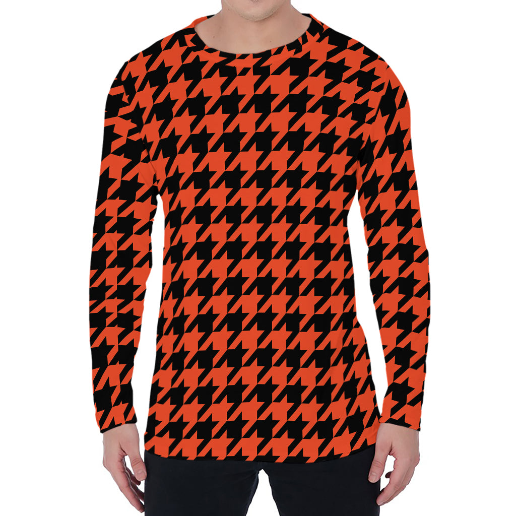Orange And Black Houndstooth Print Men's Long Sleeve T-Shirt