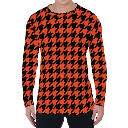 Orange And Black Houndstooth Print Men's Long Sleeve T-Shirt