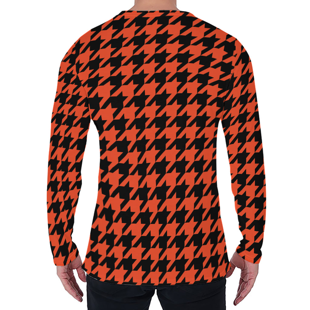 Orange And Black Houndstooth Print Men's Long Sleeve T-Shirt