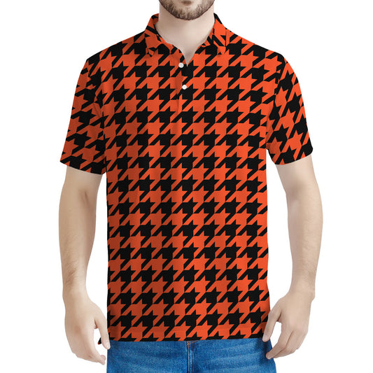Orange And Black Houndstooth Print Men's Polo Shirt