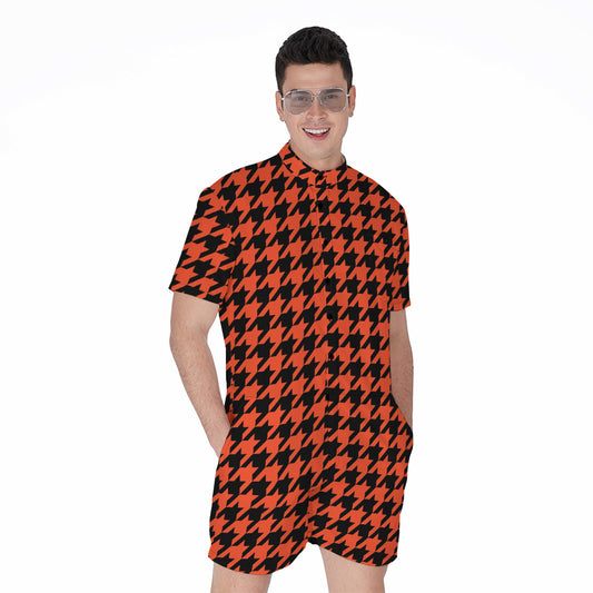Orange And Black Houndstooth Print Men's Rompers