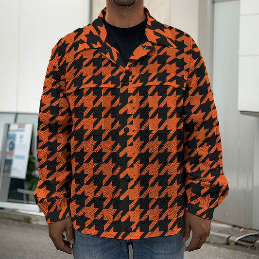 Orange And Black Houndstooth Print Men's Shirt Jacket