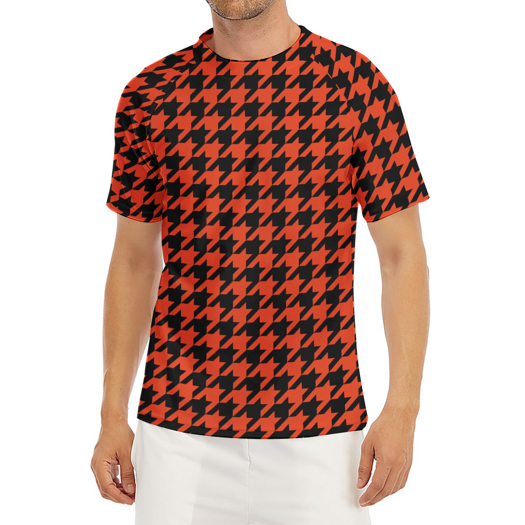 Orange And Black Houndstooth Print Men's Short Sleeve Rash Guard
