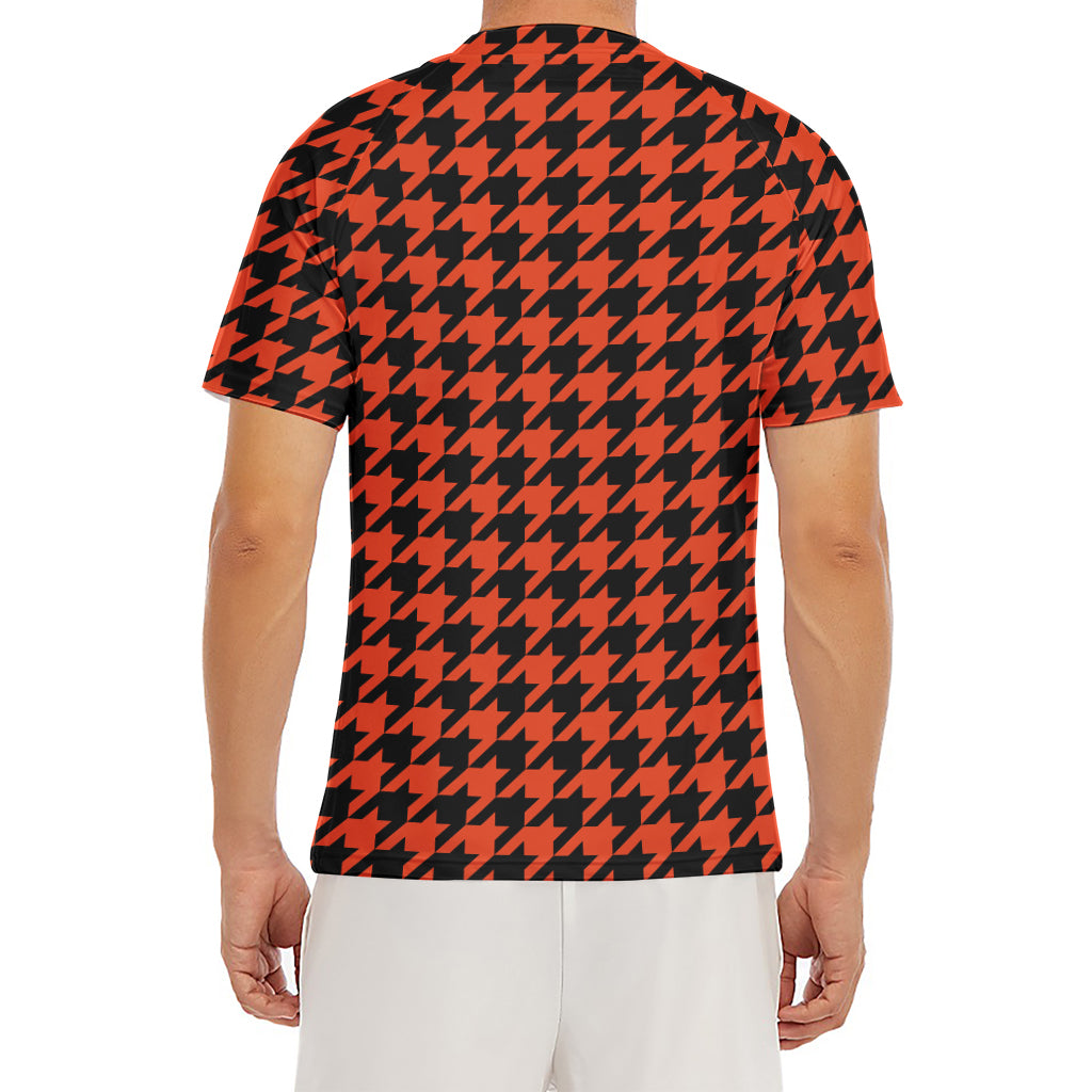 Orange And Black Houndstooth Print Men's Short Sleeve Rash Guard