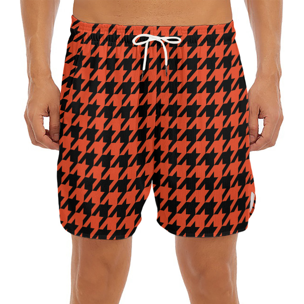 Orange And Black Houndstooth Print Men's Split Running Shorts