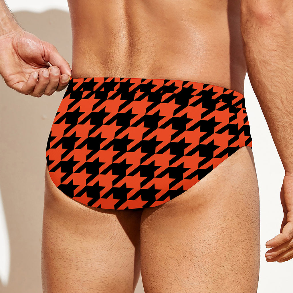 Orange And Black Houndstooth Print Men's Swim Briefs