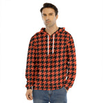 Orange And Black Houndstooth Print Men's Velvet Pullover Hoodie