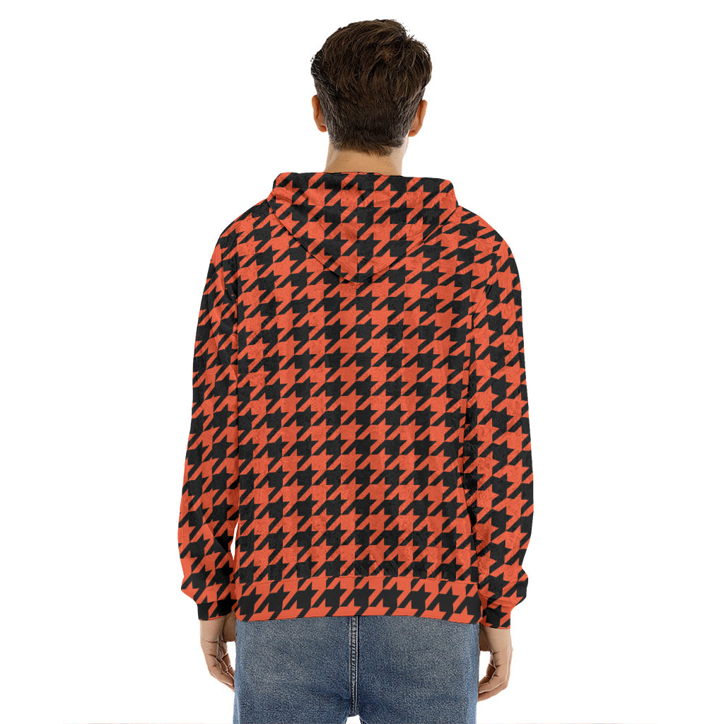 Orange And Black Houndstooth Print Men's Velvet Pullover Hoodie