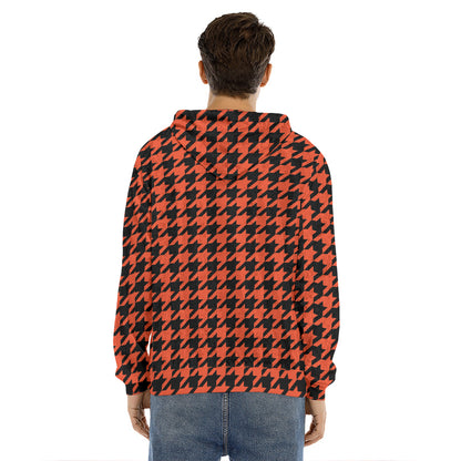 Orange And Black Houndstooth Print Men's Velvet Pullover Hoodie