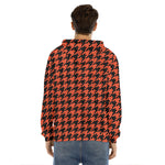 Orange And Black Houndstooth Print Men's Velvet Pullover Hoodie