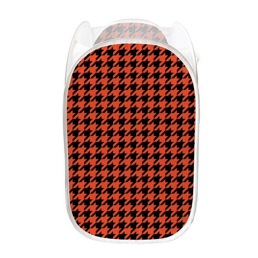 Orange And Black Houndstooth Print Mesh Laundry Hamper