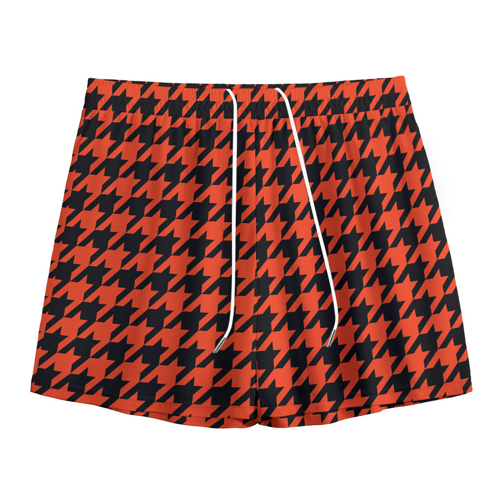 Orange And Black Houndstooth Print Mesh Shorts