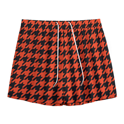Orange And Black Houndstooth Print Mesh Shorts