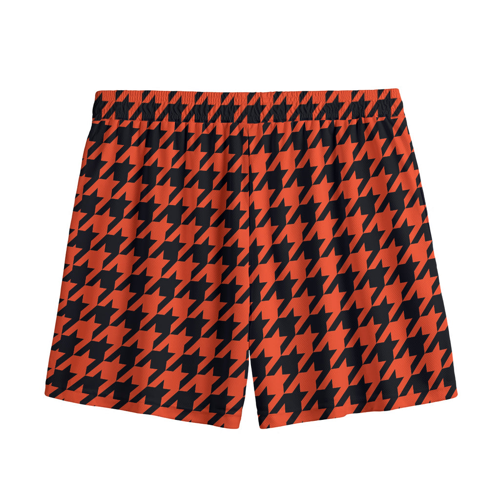 Orange And Black Houndstooth Print Mesh Shorts