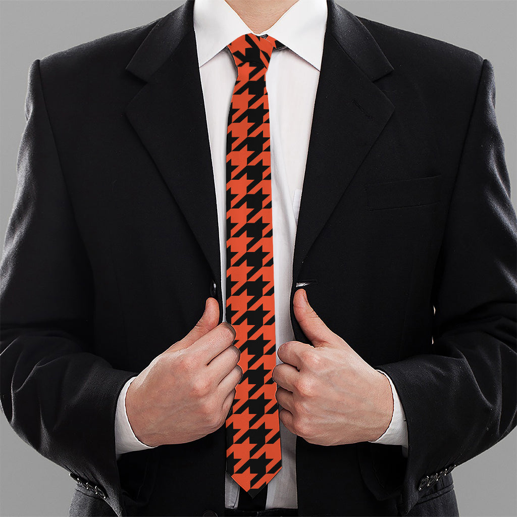 Orange And Black Houndstooth Print Necktie
