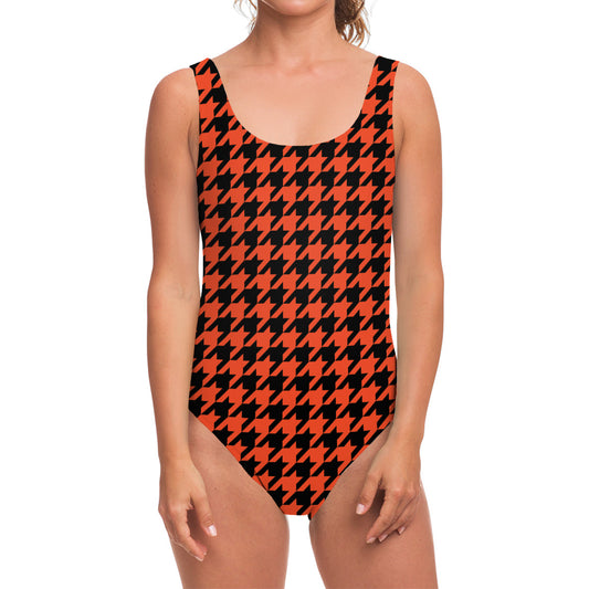 Orange And Black Houndstooth Print One Piece Swimsuit
