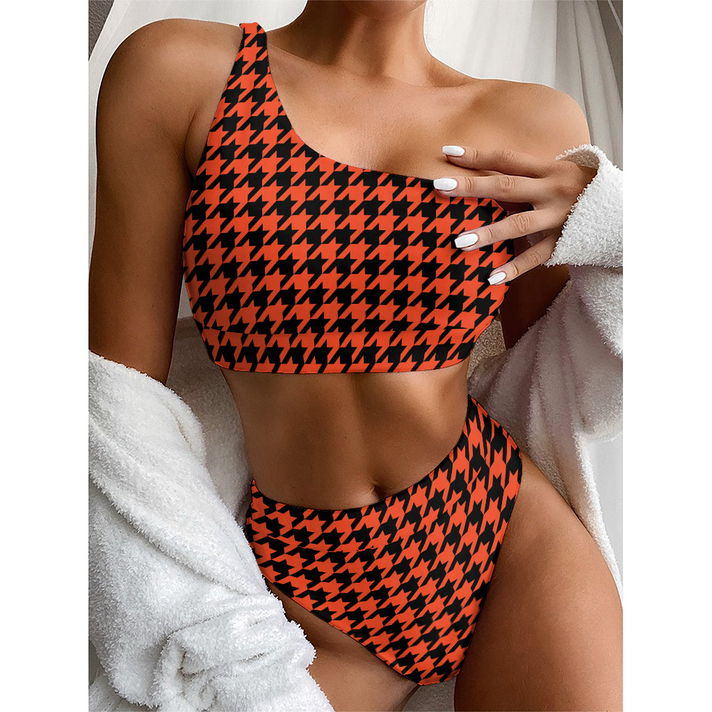 Orange And Black Houndstooth Print One Shoulder Bikini Top