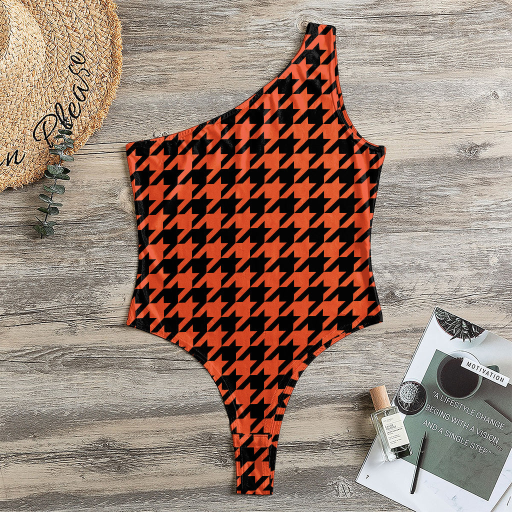 Orange And Black Houndstooth Print One Shoulder Bodysuit