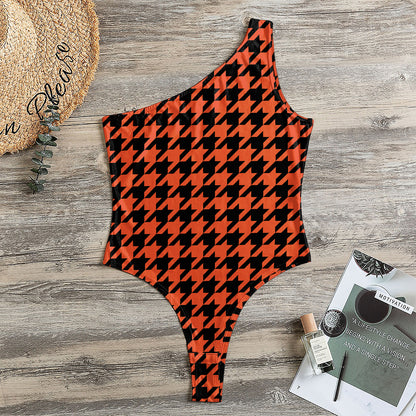 Orange And Black Houndstooth Print One Shoulder Bodysuit