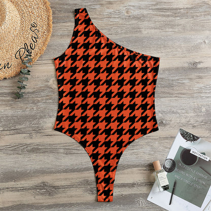 Orange And Black Houndstooth Print One Shoulder Bodysuit