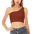 Orange And Black Houndstooth Print One Shoulder Crop Top