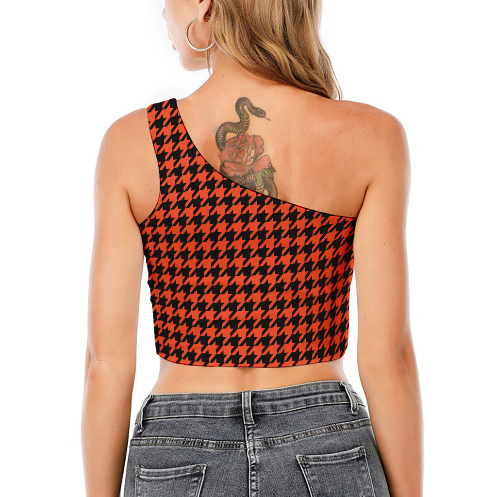 Orange And Black Houndstooth Print One Shoulder Crop Top