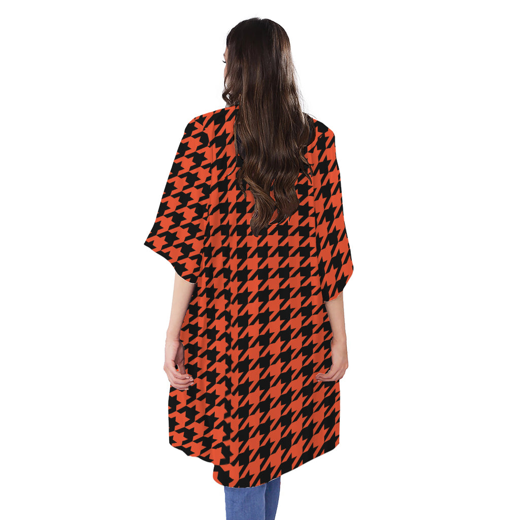 Orange And Black Houndstooth Print Open Front Beach Cover Up